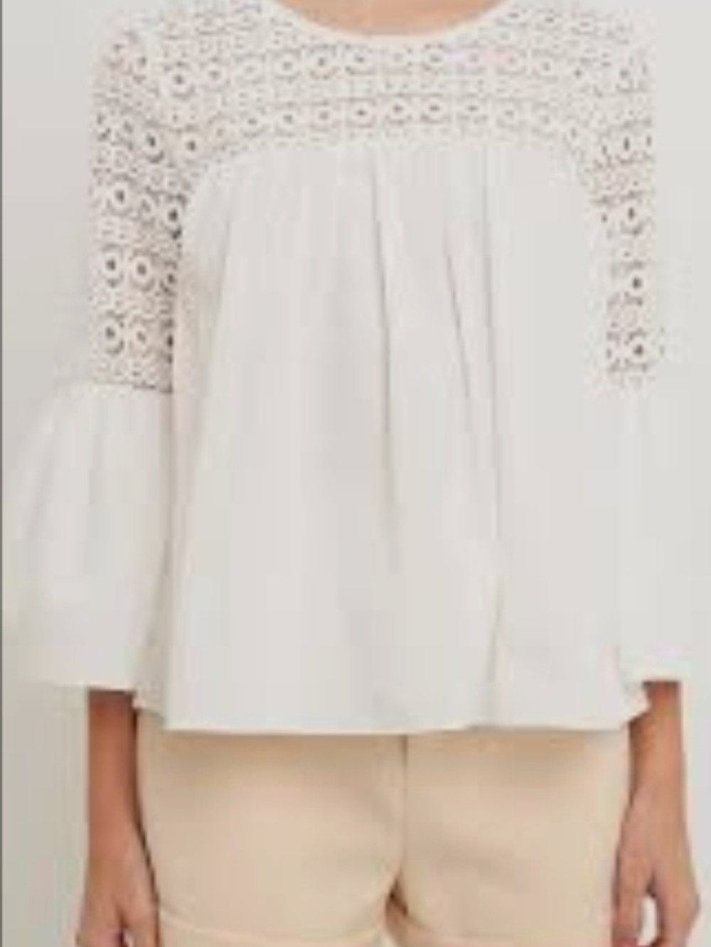 Women's White Crochet Yoke Bell Sleeve Top